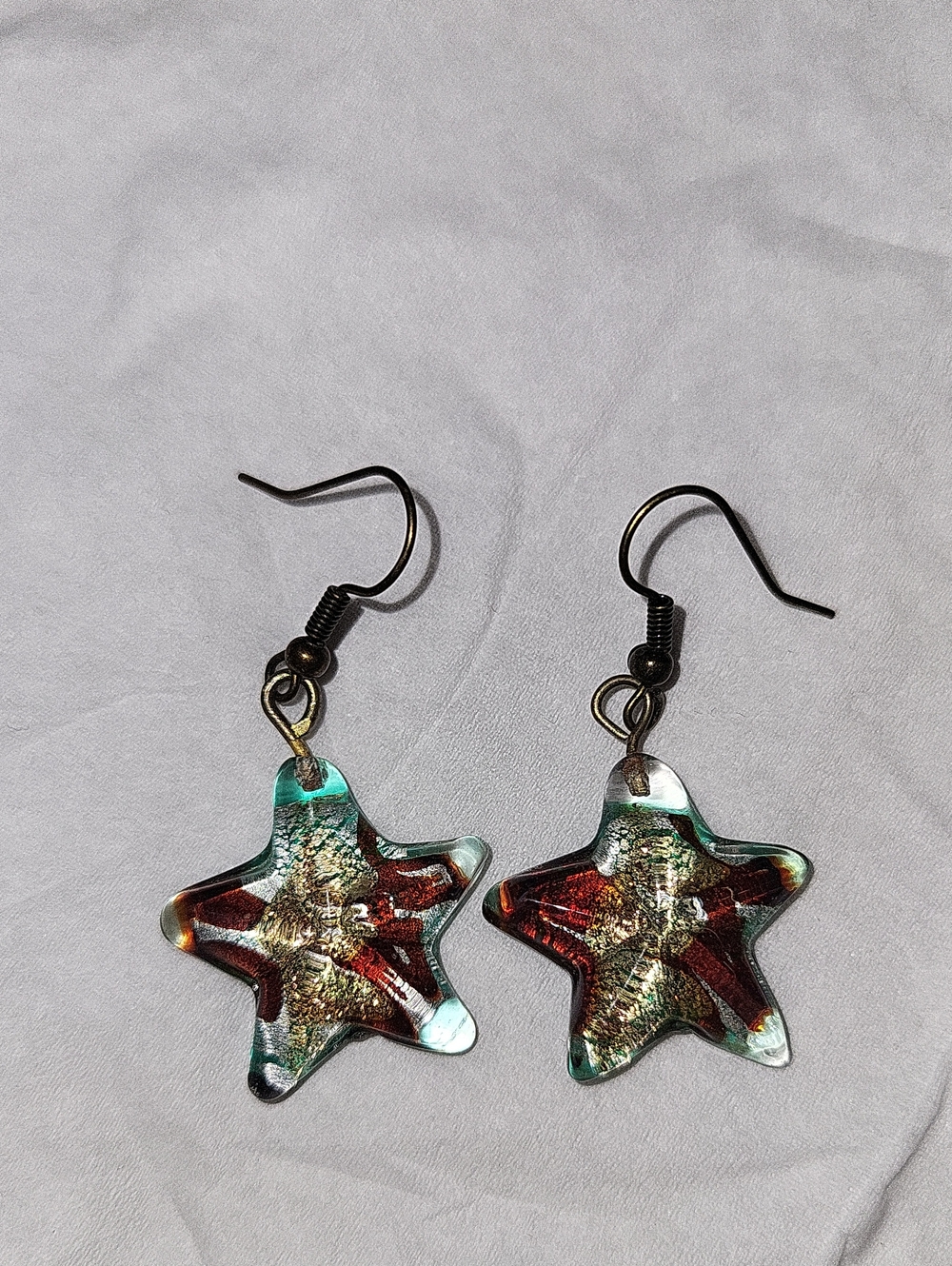 Handmade Green and Red Star Glass Drop Earrings